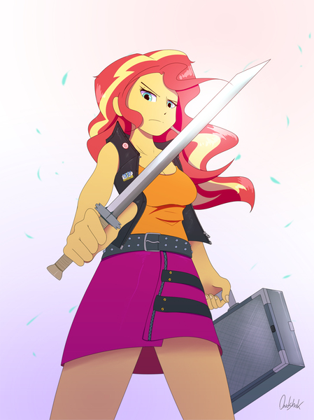 Size: 1197x1600 | Tagged: safe, artist:0ndshok, derpibooru import, sunset shimmer, equestria girls, equestria girls series, badass, briefcase, clothes, female, looking down, miniskirt, simple background, skirt, solo, sword, weapon, white background