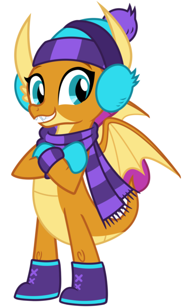 Size: 2000x3200 | Tagged: alternate version, artist:cheezedoodle96, best gift ever, boots, claws, clothes, crossed arms, cute, derpibooru import, dragon, dragoness, dragon wings, earmuffs, fangs, female, happy, hat, looking at you, mittens, safe, scarf, shoes, simple background, smiling, smolder, smolderbetes, solo, svg, .svg available, teeth, transparent background, vector, wings, winter outfit