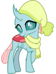 Size: 2400x3200 | Tagged: alternate version, artist:cheezedoodle96, best gift ever, changedling, changeling, clothes, crossed legs, cute, cuteling, derpibooru import, diaocelles, female, hat, looking at you, moe, ocellus, safe, scarf, shy, simple background, smiling, solo, svg, .svg available, transparent background, vector, winter outfit