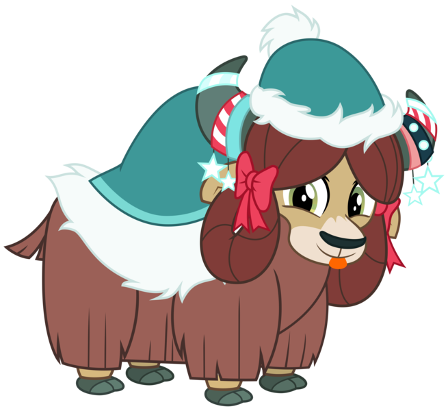 Size: 3600x3300 | Tagged: safe, alternate version, artist:cheezedoodle96, derpibooru import, yona, yak, best gift ever, .svg available, :p, blanket, bow, christmas ornament, clothes, cloven hooves, cute, decoration, female, hat, looking at you, monkey swings, ribbon, silly, simple background, smiling, solo, svg, tongue out, transparent background, vector, winter outfit, yonadorable