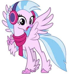 Size: 3000x3200 | Tagged: alternate version, artist:cheezedoodle96, best gift ever, classical hippogriff, clothes, cute, derpibooru import, diastreamies, earmuffs, excited, female, gasp, hippogriff, jewelry, looking at you, necklace, open mouth, peace sign, safe, scarf, silverstream, simple background, smiling, solo, spread wings, svg, .svg available, transparent background, vector, wings, winter outfit