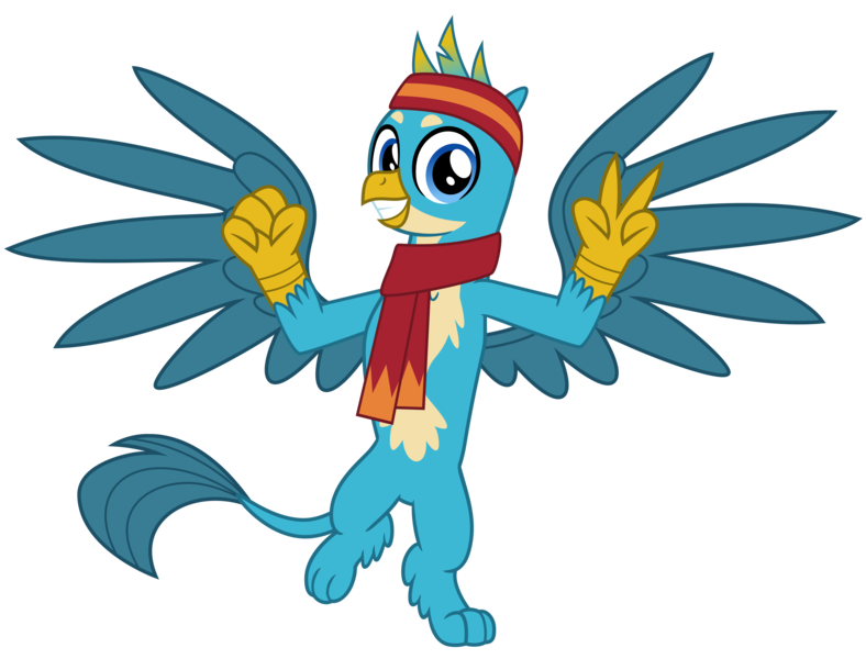 Size: 4200x3200 | Tagged: safe, alternate version, artist:cheezedoodle96, derpibooru import, gallus, gryphon, best gift ever, claws, clothes, cute, gallabetes, grin, headband, looking at you, male, paws, peace sign, scarf, simple background, smiling, solo, spread wings, svg, .svg available, transparent background, vector, wings, winter outfit