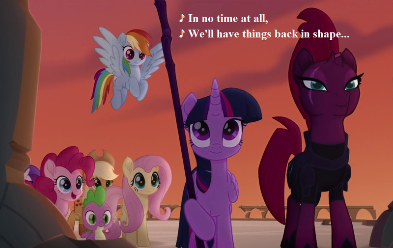 Size: 1216x768 | Tagged: safe, derpibooru import, edit, edited screencap, screencap, applejack, fluttershy, pinkie pie, rainbow dash, rarity, spike, tempest shadow, twilight sparkle, twilight sparkle (alicorn), alicorn, dragon, earth pony, pegasus, pony, unicorn, my little pony 'n friends, my little pony: the movie, the ghost of paradise estate, applejack's hat, broken horn, canterlot castle, cowboy hat, cropped, eye scar, female, g1, g1 to g4, g4, generation leap, hat, horn, in no time at all, lyrics, mare, scar, song reference, staff, staff of sacanas, text