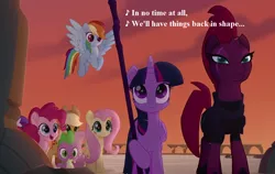 Size: 1216x768 | Tagged: safe, derpibooru import, edit, edited screencap, screencap, applejack, fluttershy, pinkie pie, rainbow dash, rarity, spike, tempest shadow, twilight sparkle, twilight sparkle (alicorn), alicorn, dragon, earth pony, pegasus, pony, unicorn, my little pony 'n friends, my little pony: the movie, the ghost of paradise estate, applejack's hat, broken horn, canterlot castle, cowboy hat, cropped, eye scar, female, g1, g1 to g4, g4, generation leap, hat, horn, in no time at all, lyrics, mare, scar, song reference, staff, staff of sacanas, text