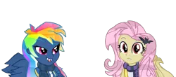 Size: 1740x768 | Tagged: safe, artist:yaycelestia0331, derpibooru import, fluttershy, rainbow dash, bat pony, demon, demon pony, original species, equestria girls, secrets and pies, adorapiehater, bat ponified, clothes, cute, equestria girls interpretation, evil pie hater dash, flutterbat, race swap, scarf, scene interpretation, shyabates, shyabetes, simple background, smiling, transparent background