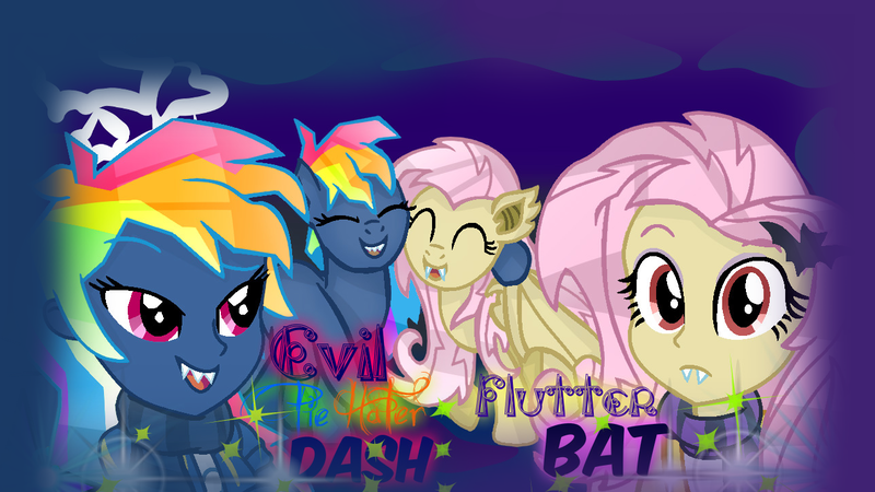 Size: 1288x724 | Tagged: safe, artist:yaycelestia0331, derpibooru import, fluttershy, rainbow dash, bat pony, demon, demon pony, original species, equestria girls, secrets and pies, adorapiehater, barrette, bat ponified, cute, cute little fangs, evil pie hater dash, fangs, flutterbat, race swap, shyabates, shyabetes, smiling, text