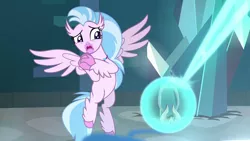 Size: 1280x720 | Tagged: amulet, amulet of aurora, azurantium, classical hippogriff, derpibooru import, female, hippogriff, jewelry, safe, school raze, screencap, silverstream, solo, spread wings, wings, worried