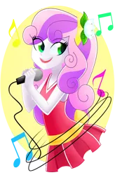 Size: 1104x1686 | Tagged: safe, artist:xan-gelx, derpibooru import, sweetie belle, equestria girls, clothes, cute, diasweetes, dress, female, flower, flower in hair, hairband, microphone, music notes, solo