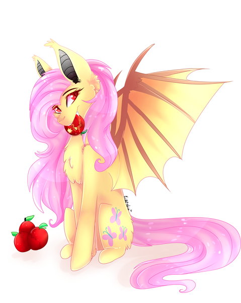 Size: 2555x3200 | Tagged: safe, artist:kriss-studios, derpibooru import, fluttershy, bat pony, apple, bat ponified, female, flutterbat, food, looking at you, mare, race swap