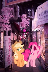 Size: 1066x1600 | Tagged: applejack, applepie, candy, cherry blossoms, cute, date, derpibooru import, editor:lisaloudleijon, female, flower, flower blossom, food, japan, lesbian, pinkie pie, real life background, safe, shipping, tokyo