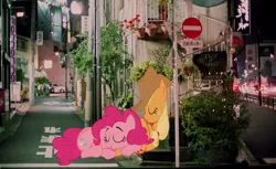 Size: 1024x628 | Tagged: applejack, applepie, cute, derpibooru import, editor:lisaloudleijon, female, japan, lesbian, night, pinkie pie, real life background, safe, shipping, sleeping, tokyo