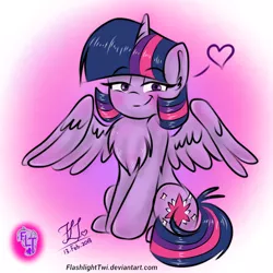 Size: 768x768 | Tagged: safe, artist:flashlighttwi, derpibooru import, twilight sparkle, twilight sparkle (alicorn), alicorn, pony, abstract background, blushing, chest fluff, cute, female, heart, mare, signature, smiling, solo, spread wings, twiabetes, wings
