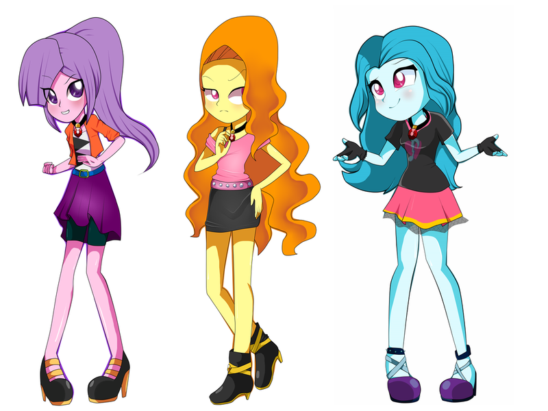 Size: 1024x768 | Tagged: safe, artist:2-lettdodd, derpibooru import, adagio dazzle, aria blaze, sonata dusk, equestria girls, rainbow rocks, alternate costumes, alternate hairstyle, boots, clothes, compression shorts, high heel boots, high heels, looking at you, loose hair, miniskirt, shoes, shorts, shrug, simple background, skirt, smiling, the dazzlings, trio, white background