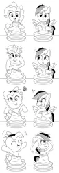 Size: 1200x3484 | Tagged: safe, artist:peketope, derpibooru import, pinkie pie, rainbow dash, earth pony, pegasus, pony, comic, female, mare, monochrome, pinkie being pinkie, pinkie physics, pottery, wat