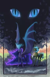 Size: 800x1245 | Tagged: safe, artist:adeptus-monitus, derpibooru import, nightmare moon, queen chrysalis, alicorn, bat pony, bat pony alicorn, changeling, changeling queen, pony, alternate hairstyle, bat wings, duo, ethereal mane, female, horn, hybrid wings, large wings, long horn, mare, slit eyes, spread wings, transformation, wings