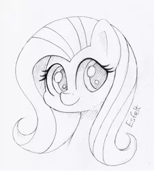 Size: 2308x2552 | Tagged: safe, artist:esfelt, derpibooru import, fluttershy, pegasus, pony, bust, female, looking at you, mare, monochrome, pencil drawing, simple background, sketch, smiling, solo, traditional art, white background