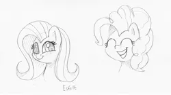 Size: 2981x1665 | Tagged: safe, artist:esfelt, derpibooru import, fluttershy, pinkie pie, earth pony, pegasus, pony, blushing, bust, duo, eyes closed, female, looking at you, mare, monochrome, pencil drawing, simple background, sketch, smiling, traditional art, white background