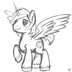 Size: 500x500 | Tagged: safe, artist:yakoshi, derpibooru import, big macintosh, alicorn, pony, alicornified, freckles, male, monochrome, princess big mac, race swap, raised hoof, simple background, sketch, smiling, solo, spread wings, stallion, unshorn fetlocks, white background, wings