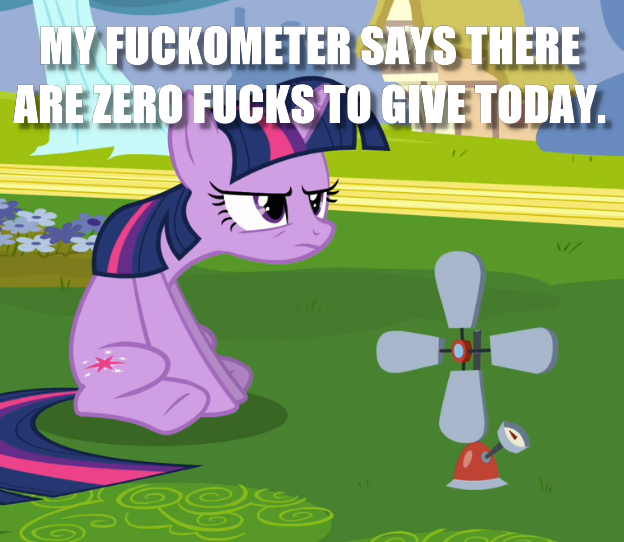 Size: 624x542 | Tagged: safe, derpibooru import, edit, edited screencap, screencap, twilight sparkle, pony, unicorn, hurricane fluttershy, anemometer, caption, cropped, female, grumpy, grumpy twilight, image macro, mare, meme, no fucks, sitting, solo, text, unicorn twilight, vulgar