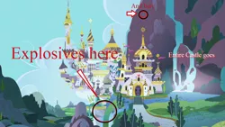 Size: 1280x720 | Tagged: canterlot, caption, castle, chart, circled, cliff, derpibooru import, edit, edited screencap, explosives, image macro, meme, ms paint, safe, screencap, text, tnt, tree, waterfall