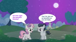 Size: 1259x707 | Tagged: safe, artist:jawsandgumballfan24, derpibooru import, rumble, sweetie belle, pegasus, pony, unicorn, bench, colt, dialogue, female, filly, foal, male, moon, park, ponyville, rumbelle, shipping, speech bubble, stars, straight, tree