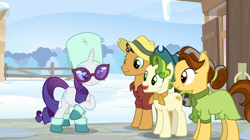 Size: 1920x1080 | Tagged: safe, derpibooru import, screencap, butternut, oak nut, pistachio, rarity, earth pony, pony, unicorn, best gift ever, acorn family, animation error, clothes, female, floating head, hat, male, mare, snow, stallion, teenager