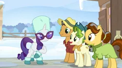 Size: 1920x1080 | Tagged: safe, derpibooru import, screencap, butternut, oak nut, pistachio, rarity, earth pony, pony, unicorn, best gift ever, acorn family, animation error, clothes, female, floating head, hat, male, mare, snow, stallion, teenager