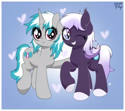 Size: 4100x3650 | Tagged: safe, artist:kimjoman, derpibooru import, oc, oc:proxi, oc:windshear, unofficial characters only, bat pony, pony, unicorn, commission, female, freckles, heart, looking at you, one eye closed, raised hoof, smiling, wink