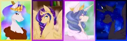 Size: 1024x337 | Tagged: safe, artist:kimyowolf, derpibooru import, oc, oc:carlus caden, oc:evening illusion, oc:sheryl sparkle, oc:star seeker, unofficial characters only, alicorn, hybrid, pegasus, pony, female, interspecies offspring, male, mare, offspring, parent:discord, parent:flash sentry, parent:king sombra, parent:princess cadance, parent:princess celestia, parent:princess luna, parent:shining armor, parent:twilight sparkle, parents:dislestia, parents:flashlight, parents:lumbra, parents:shiningcadance