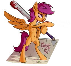 Size: 955x888 | Tagged: grimdark, artist:hc0, derpibooru import, scootaloo, pony, baseball bat, bipedal, blood, solo