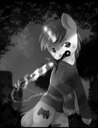 Size: 1000x1300 | Tagged: safe, artist:norychan, derpibooru import, oc, oc:code sketch, unofficial characters only, pony, unicorn, battle damage, blood, clothes, commission, cut, cutie mark, hoodie, magic, male, monochrome, mouth hold, scratches, solo, stallion, sword, weapon, ych result