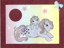 Size: 700x526 | Tagged: safe, artist:haawan, derpibooru import, blue belle, pony, baby, baby blue belle, baby pony, bow, duo, g1, tail bow, traditional art