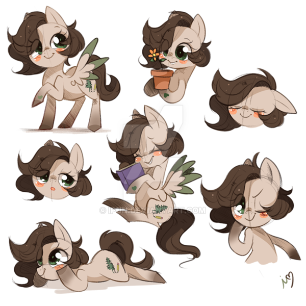 Size: 800x800 | Tagged: safe, artist:ipun, derpibooru import, oc, oc:pacific pine, unofficial characters only, pegasus, pony, blushing, chibi, deviantart watermark, female, flower, mare, obtrusive watermark, one eye closed, simple background, solo, watermark, white background, wink