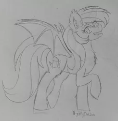 Size: 1024x1045 | Tagged: safe, artist:nightydream, derpibooru import, oc, oc:night dream, bat pony, pony, female, mare, monochrome, solo, traditional art