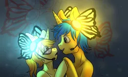 Size: 2000x1200 | Tagged: safe, artist:martenmartes, derpibooru import, oc, oc:code sketch, oc:nenenyaa, unofficial characters only, butterfly, pony, semi-anthro, unicorn, butterfly wings, commission, female, friendshipping, headphones, just friends, looking at each other, magnet, male, mare, not shipping, singing, stallion, vocaloid, wings, ych result