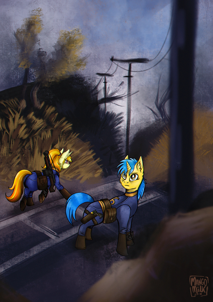 Size: 3508x4961 | Tagged: safe, artist:mangomilk, derpibooru import, oc, oc:code sketch, oc:nenenyaa, pony, unicorn, bag, clothes, commission, energy weapon, fallout, fallout 76, female, gun, high res, laser pistol, male, mare, saddle bag, shotgun, stallion, vault suit, weapon, ych result