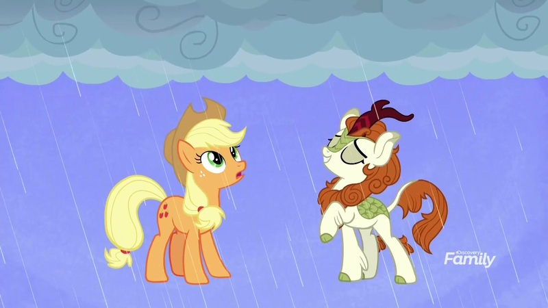 Size: 1920x1080 | Tagged: safe, derpibooru import, screencap, applejack, autumn blaze, earth pony, kirin, pony, sounds of silence, a kirin tale, cloud, duo, female, mare, rain, singing, smiling