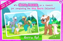 Size: 1040x688 | Tagged: safe, derpibooru import, official, coco crusoe, doctor fauna, green jewel, royal riff, silver spanner, earth pony, pony, unicorn, background pony, collection, female, gameloft, male, mare, raised hoof, stallion