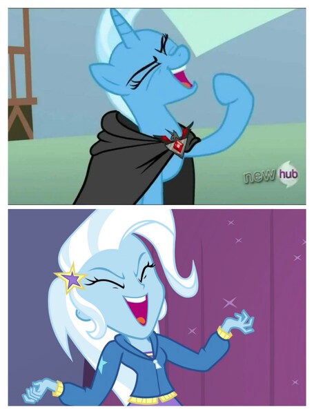 Size: 3106x4096 | Tagged: safe, derpibooru import, screencap, trixie, equestria girls, magic duel, rainbow rocks, alicorn amulet, comparison, evil laugh, laughing, solo