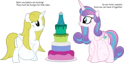 Size: 12540x6400 | Tagged: safe, artist:parclytaxel, derpibooru import, princess flurry heart, oc, alicorn, pony, .svg available, absurd resolution, adult, alicorn oc, blank flank, cake, dialogue, female, food, hoof on belly, horn, hyper, hyper belly, hyper pregnancy, impossibly large belly, kicking, mama flurry, mare, mother and child, mother and daughter, multiple pregnancy, offspring, offspring's offspring, older, older flurry heart, parent:oc:shimmering glow, parent:princess flurry heart, parents:canon x oc, pregnant, simple background, transparent background, vector, wings
