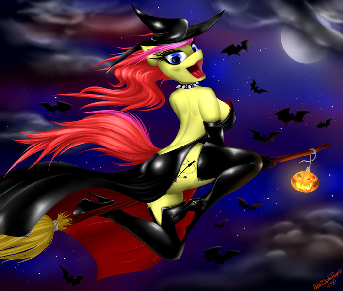 Size: 1280x1086 | Tagged: anthro, artist:metalbladepegasus, bat, boots, breasts, broom, choker, clothes, cloud, commission, derpibooru import, dress, erect nipples, evening gloves, female, flying, flying broomstick, gloves, halloween, high heel boots, high heels, holiday, latex, latex gloves, lipstick, long gloves, moon, nightmare night, nipple outline, oc, oc:jasmin, pumpkin, shoes, solo, solo female, spiked choker, suggestive, thigh boots, unofficial characters only, witch, ych result