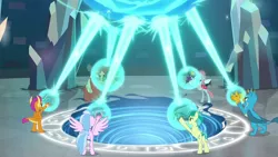 Size: 1280x720 | Tagged: safe, derpibooru import, screencap, gallus, ocellus, sandbar, silverstream, smolder, yona, changedling, changeling, classical hippogriff, dragon, earth pony, gryphon, hippogriff, pony, yak, school raze, amulet, amulet of aurora, clover the clever's cloak, crown, crown of grover, dragoness, female, helm of yickslur, helmet, jewelry, knuckerbocker's shell, magic, magic circle, male, regalia, shell, student six, talisman of mirage, teenager, vortex