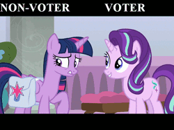 Size: 640x480 | Tagged: safe, derpibooru import, edit, edited screencap, screencap, starlight glimmer, twilight sparkle, twilight sparkle (alicorn), alicorn, pony, unicorn, school raze, 2018 usa midterm elections, animated, bag, bench, cute, democracy, election, gif, mouthpiece, pillar, politics, potted plant, saddle bag, school of friendship, spread wings, text, united states, vote, wings