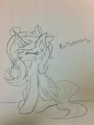 Size: 2448x3264 | Tagged: alicorn, alicorn oc, artist:gentlevixengal135, derpibooru import, drinking, drinking straw, eyes closed, horn, levitation, magic, oc, oc:fleurbelle, pencil drawing, safe, solo, telekinesis, traditional art, unofficial characters only, wings