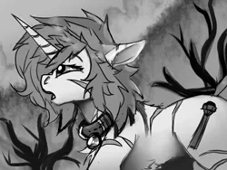 Size: 1600x1200 | Tagged: artist:brainiac, black and white, chest fluff, collar, derpibooru import, fallout equestria, floppy ears, grayscale, monochrome, oc, oc:piper, raider, safe, scar, sketch, solo