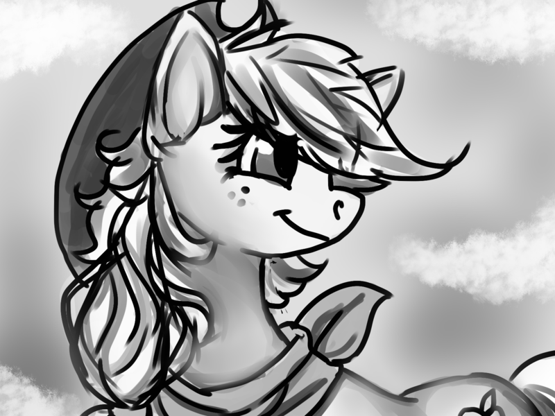 Size: 1600x1200 | Tagged: safe, artist:brainiac, derpibooru import, applejack, earth pony, pony, bandana, black and white, female, grayscale, handkerchief, hat, mare, monochrome, sketch, smiling, solo