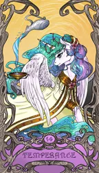 Size: 822x1425 | Tagged: safe, artist:sourcherry, derpibooru import, princess celestia, alicorn, pony, clothes, cup, female, gold, horn, horn ring, major arcana, mare, modern art, nouveau, ring, solo, tarot, tarot card, temperance, water, wings