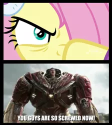 Size: 510x568 | Tagged: safe, derpibooru import, screencap, fluttershy, pegasus, pony, best gift ever, spoiler:infinity war, angry, avengers: infinity war, badass, bruce banner, close-up, evil eye, female, flutterbadass, hair over one eye, hulkbuster, hulkbuster armor, iron hulk, mare, mark ruffalo, narrowed eyes, you are already dead, you dun goofed, you guys are so screwed now