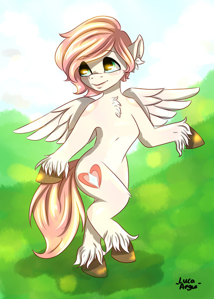 Size: 1280x1786 | Tagged: anthro, anthro oc, arm hooves, artist:lucaaegus, derpibooru import, field, grass, oc, pegasus, safe, signature, solo, sunlight, unofficial characters only, unshorn fetlocks