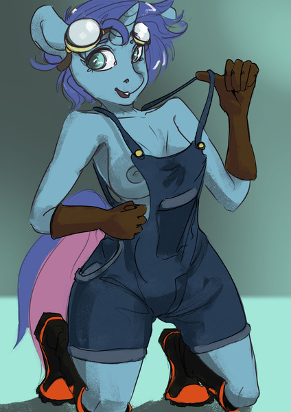 Size: 2480x3508 | Tagged: questionable, artist:twilightsquare, derpibooru import, oc, oc:ryo, unofficial characters only, anthro, unicorn, braless, breasts, clothes, commission, female, goggles, naked overalls, nipples, no underwear, nudity, overalls, shoes, solo, ych result